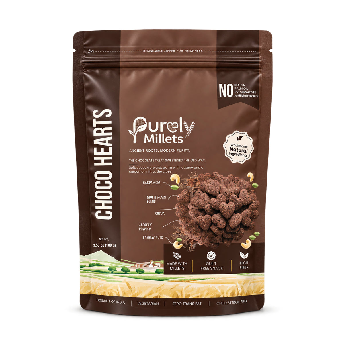 Purely Millets Choco Heart Crunch cocoa and cardamom multigrain snack, 100 g pouch, front view