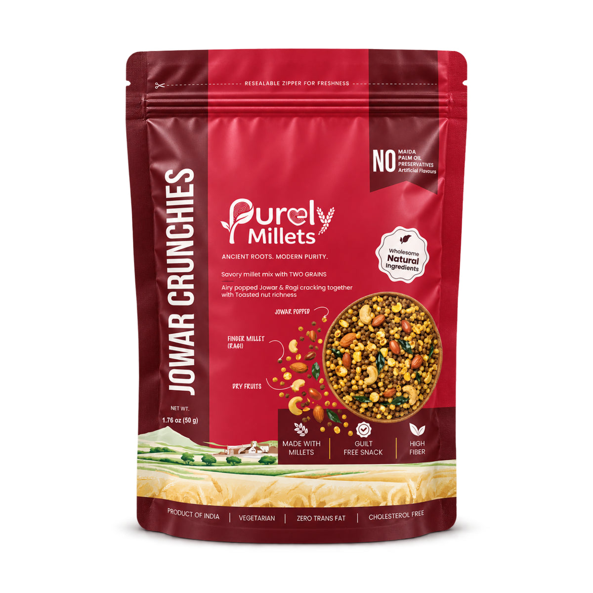 Purely Millets Jowar Crunchies popped sorghum and ragi snack, 50 g pouch, front view
