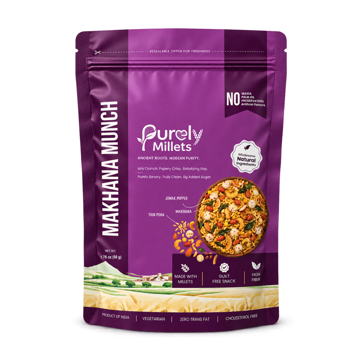 Purely Millets Makhana Munch savory makhana and popped sorghum snack, 50 g pouch, front view
