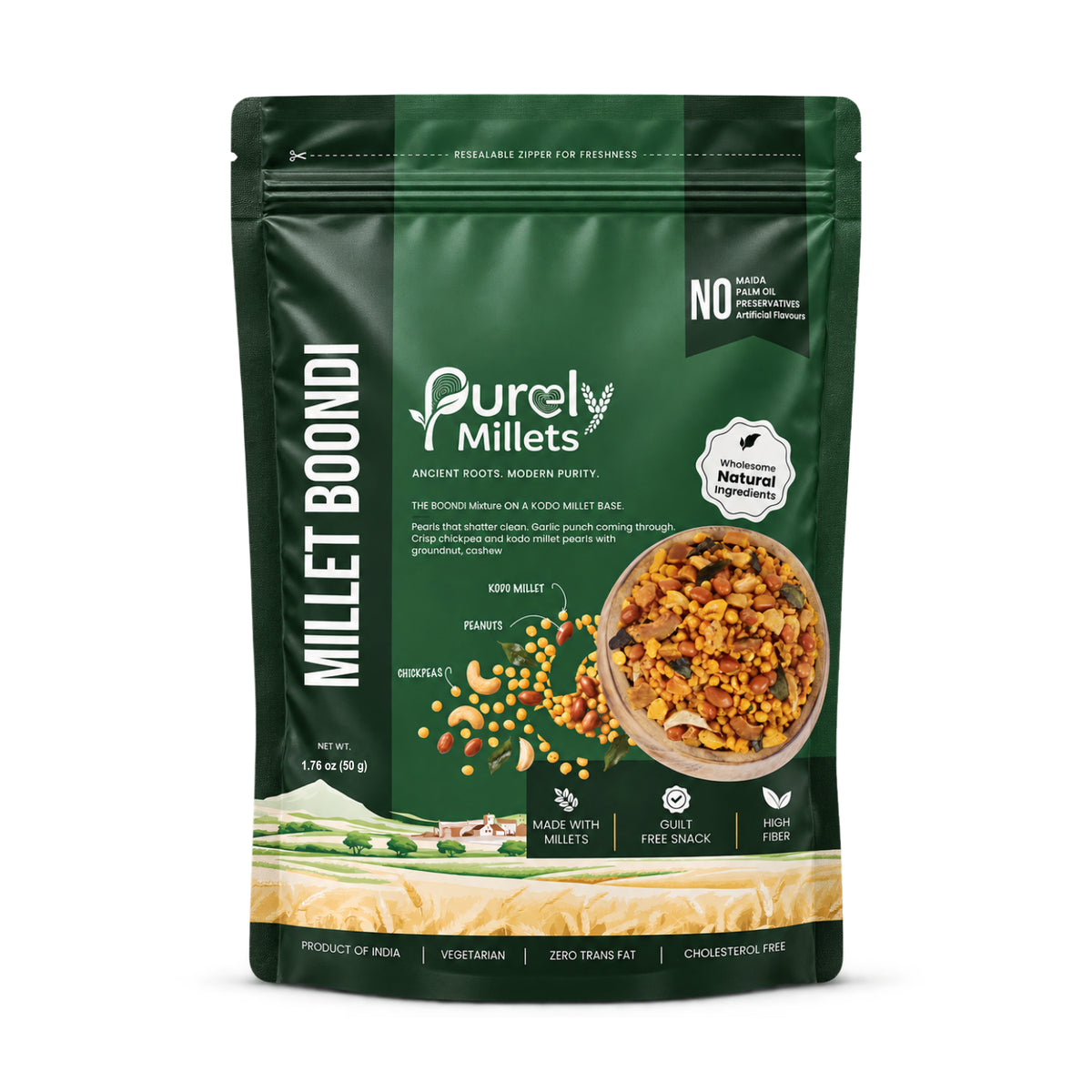 Purely Millets Millet Boondi chickpea and kodo millet snack with garlic, 50 g pouch, front view