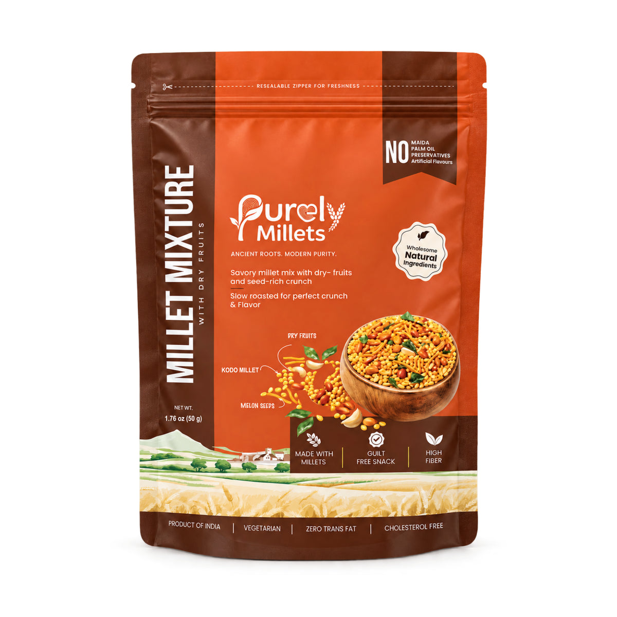 Purely Millets Millet Mixture with Dry Fruits kodo millet snack mix, 50 g pouch, front view