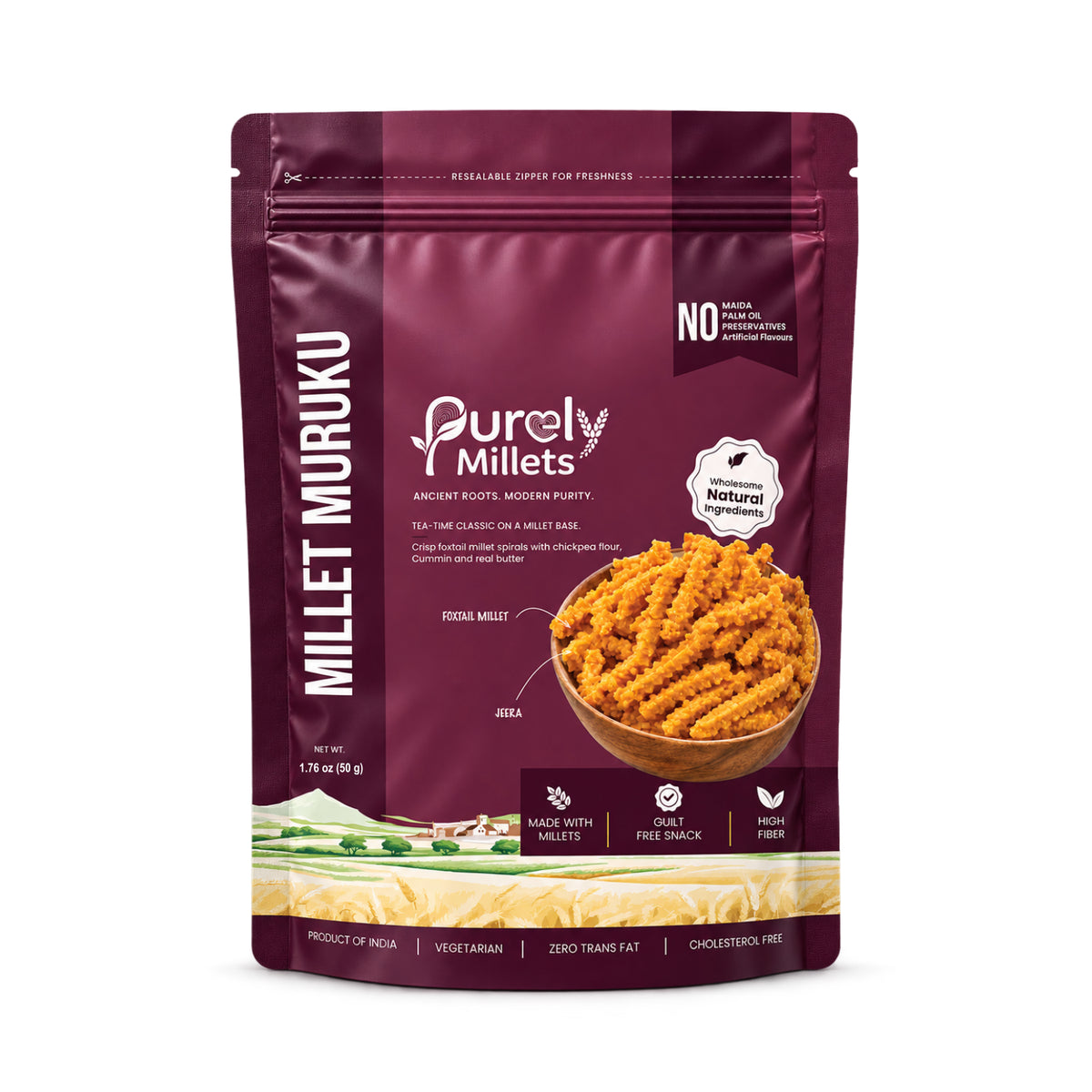 Purely Millets Millet Murukku foxtail millet snack spirals with cumin, 50 g pouch, front view