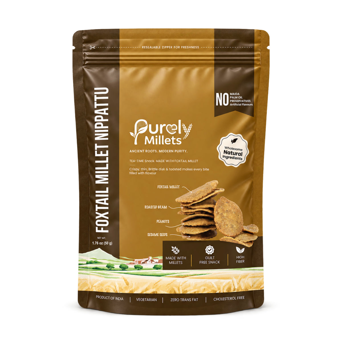 Purely Millets Millet Nippattu crisp foxtail millet snack discs, 50 g pouch, front view