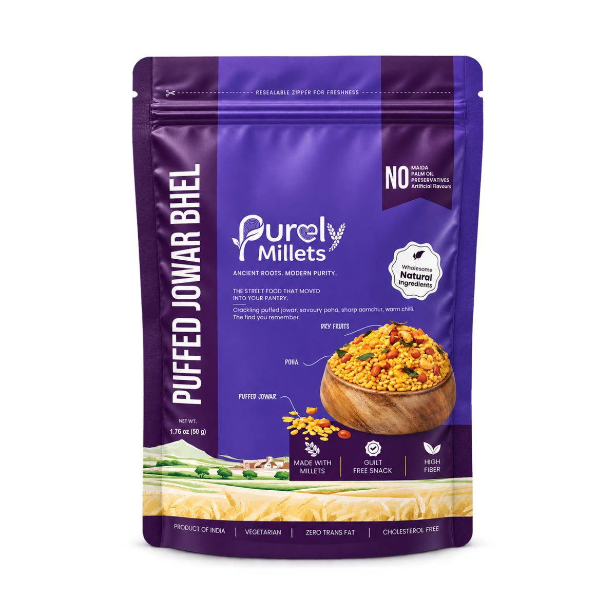 Purely Millets Puffed Bhel sorghum snack mix with aamchur and chili, 50 g pouch, front view