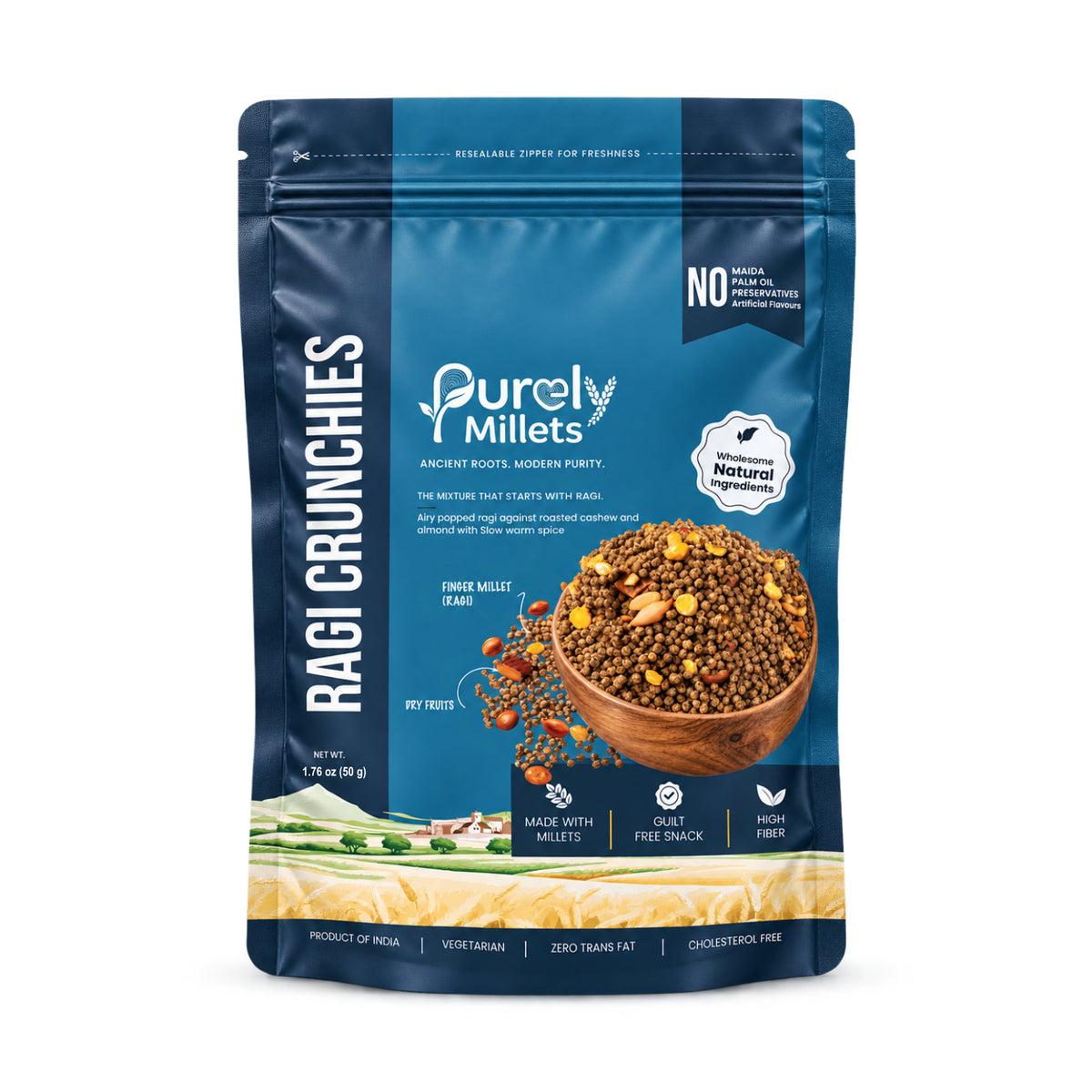 Purely Millets Ragi Crunchies popped finger millet snack, 50 g pouch, front view