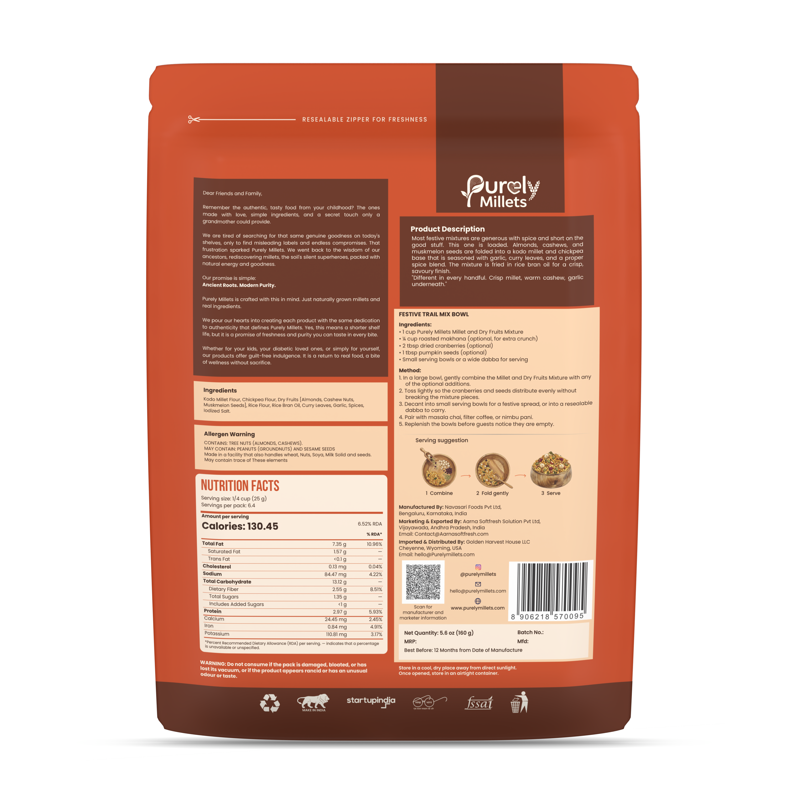 Purely Millets Millet Mixture with Dry Fruits, 160 g pouch, back view.