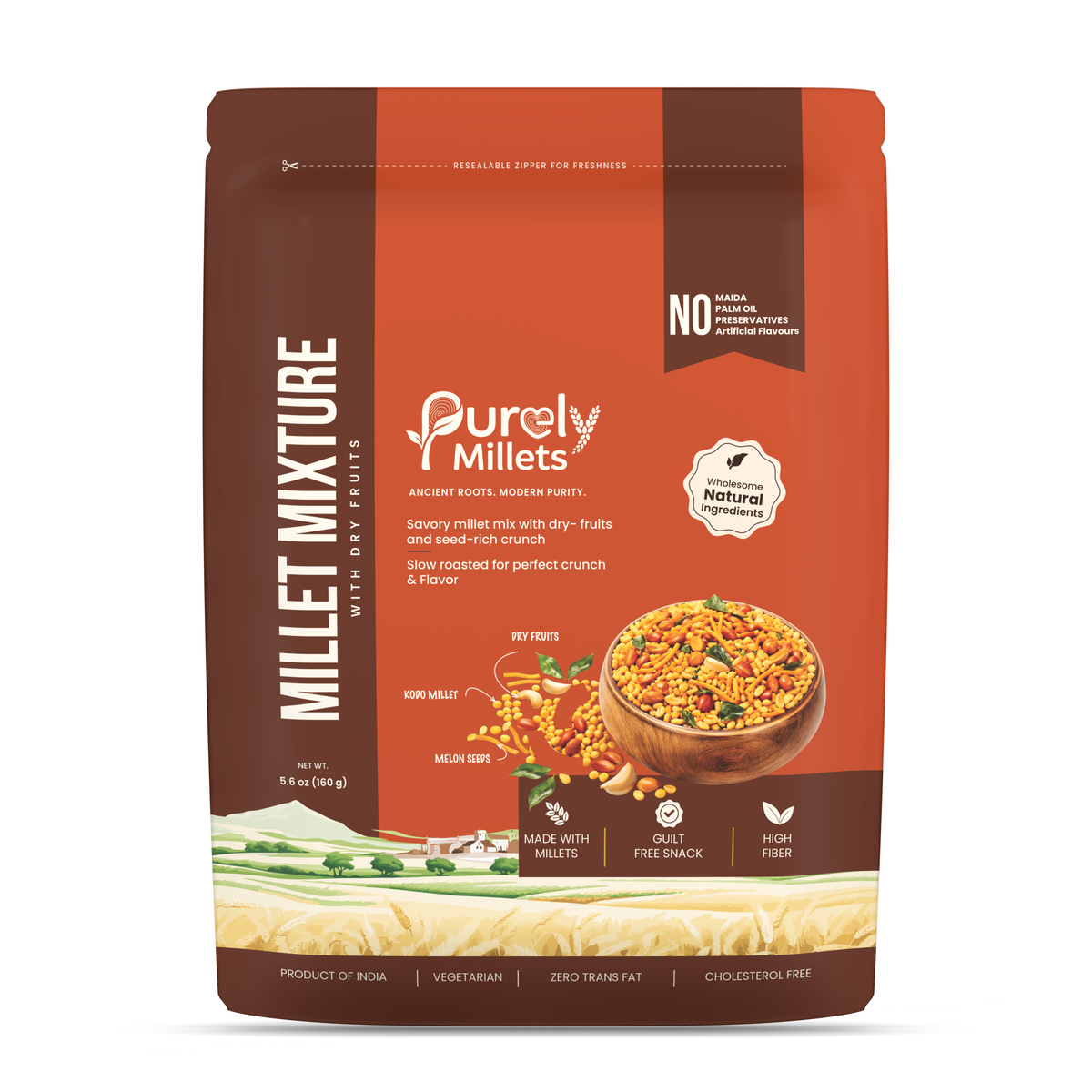 Purely Millets Millet Mixture with Dry Fruits, 160 g pouch, front view.