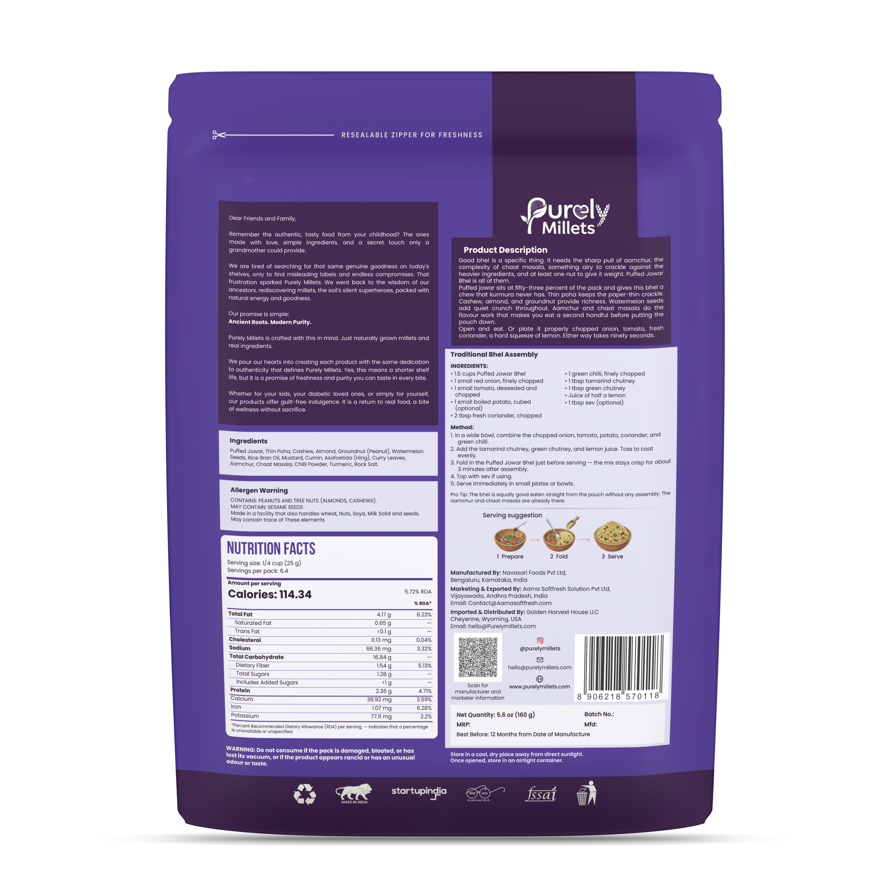 Purely Millets Puffed Bhel, 160 g pouch, back view.