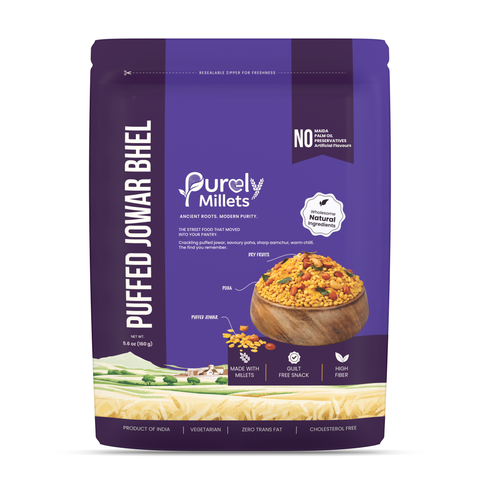 Purely Millets Puffed Bhel, 160 g pouch, front view.
