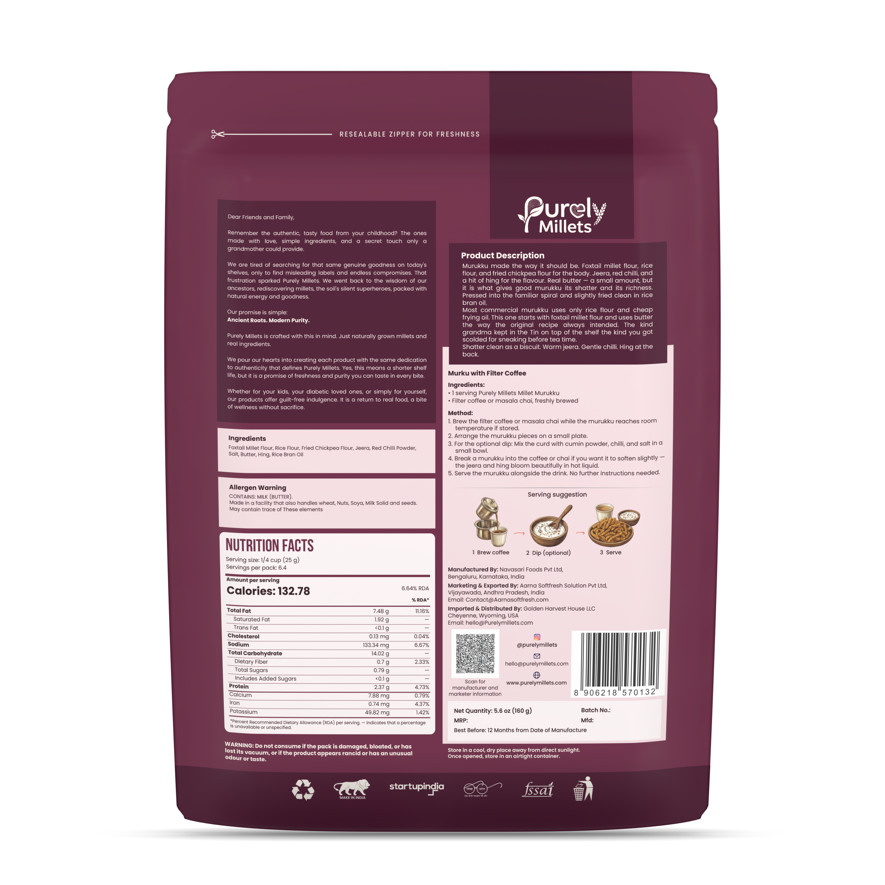 Purely Millets Millet Murukku, 160 g pouch, back view.