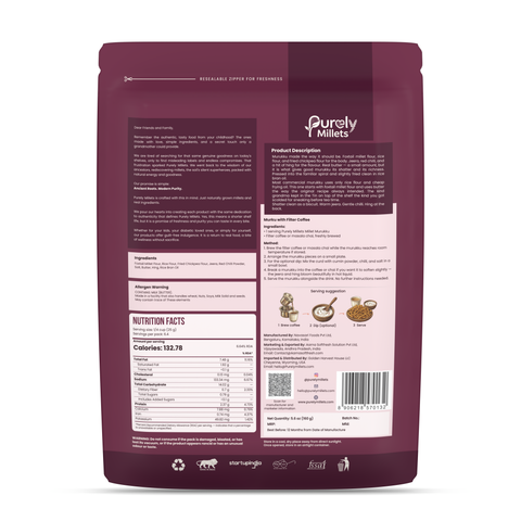 Purely Millets Millet Murukku, 160 g pouch, back view.