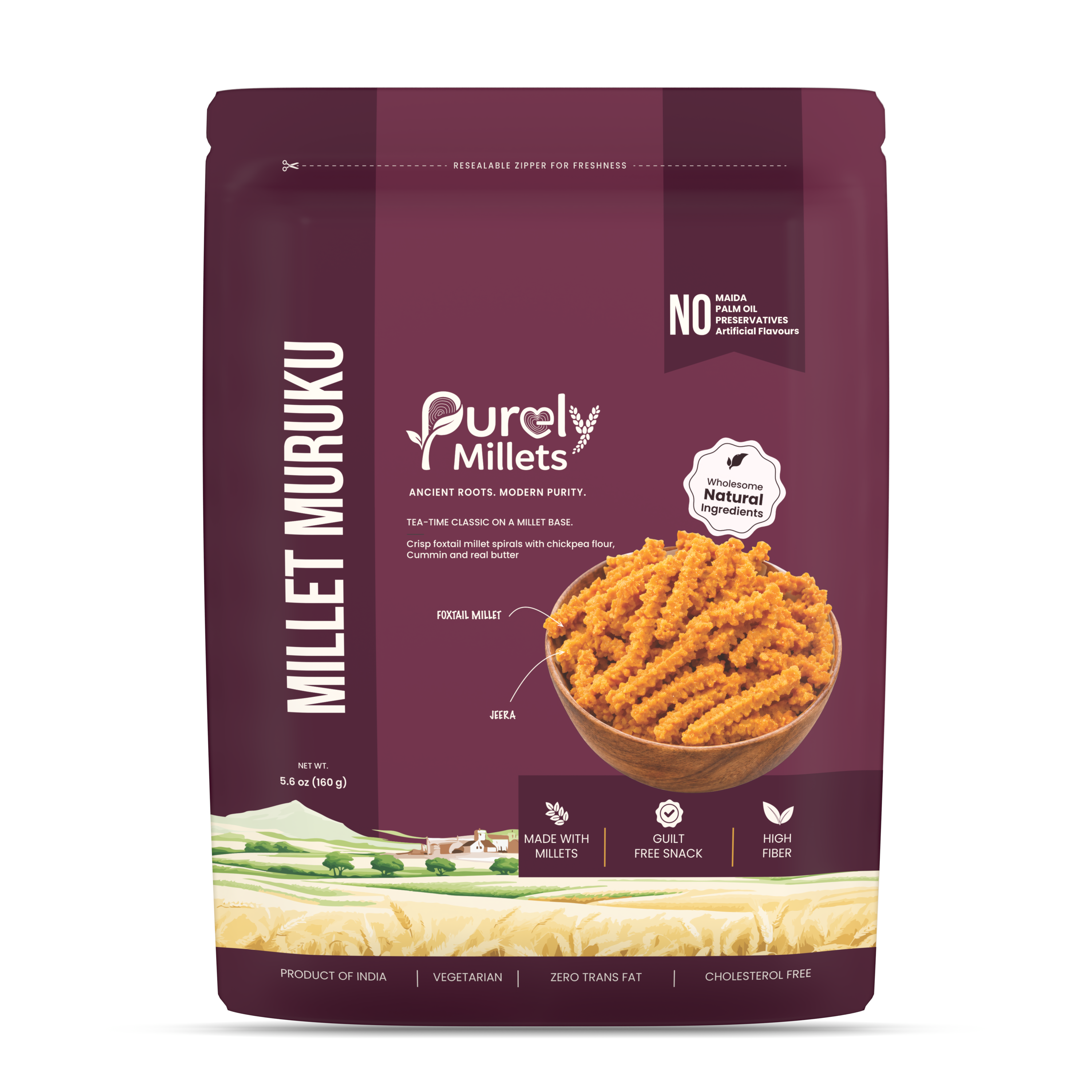 Purely Millets Millet Murukku, 160 g pouch, front view.