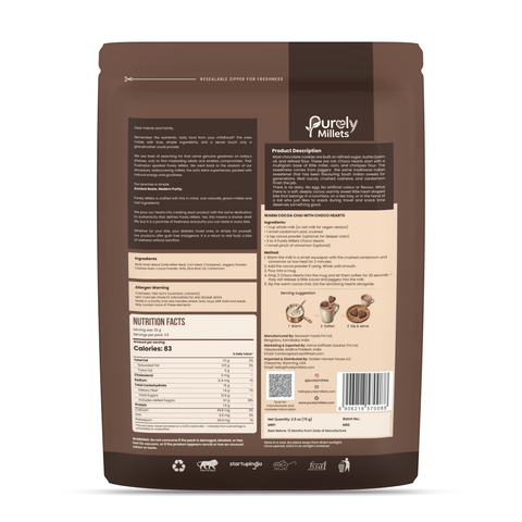 Purely Millets Choco Heart Crunch, 70 g pouch, back view.
