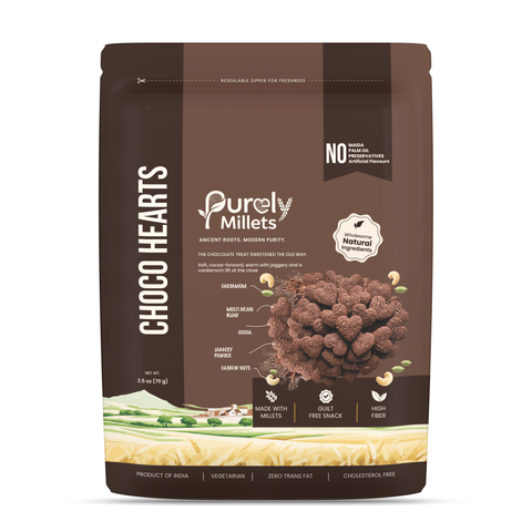 Purely Millets Choco Heart Crunch, 70 g pouch, front view.