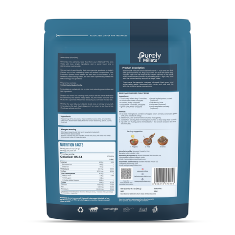 Purely Millets Ragi Crunchies, 160 g pouch, back view.