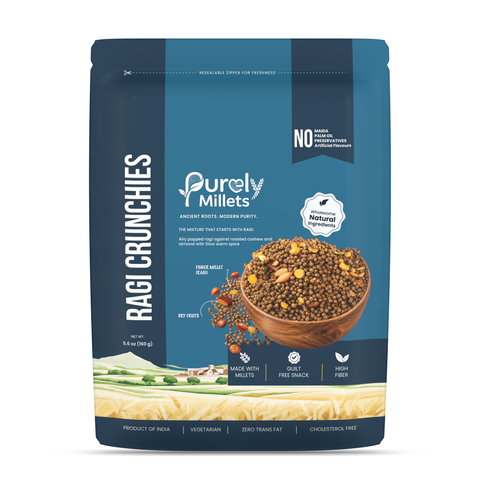 Purely Millets Ragi Crunchies, 160 g pouch, front view.