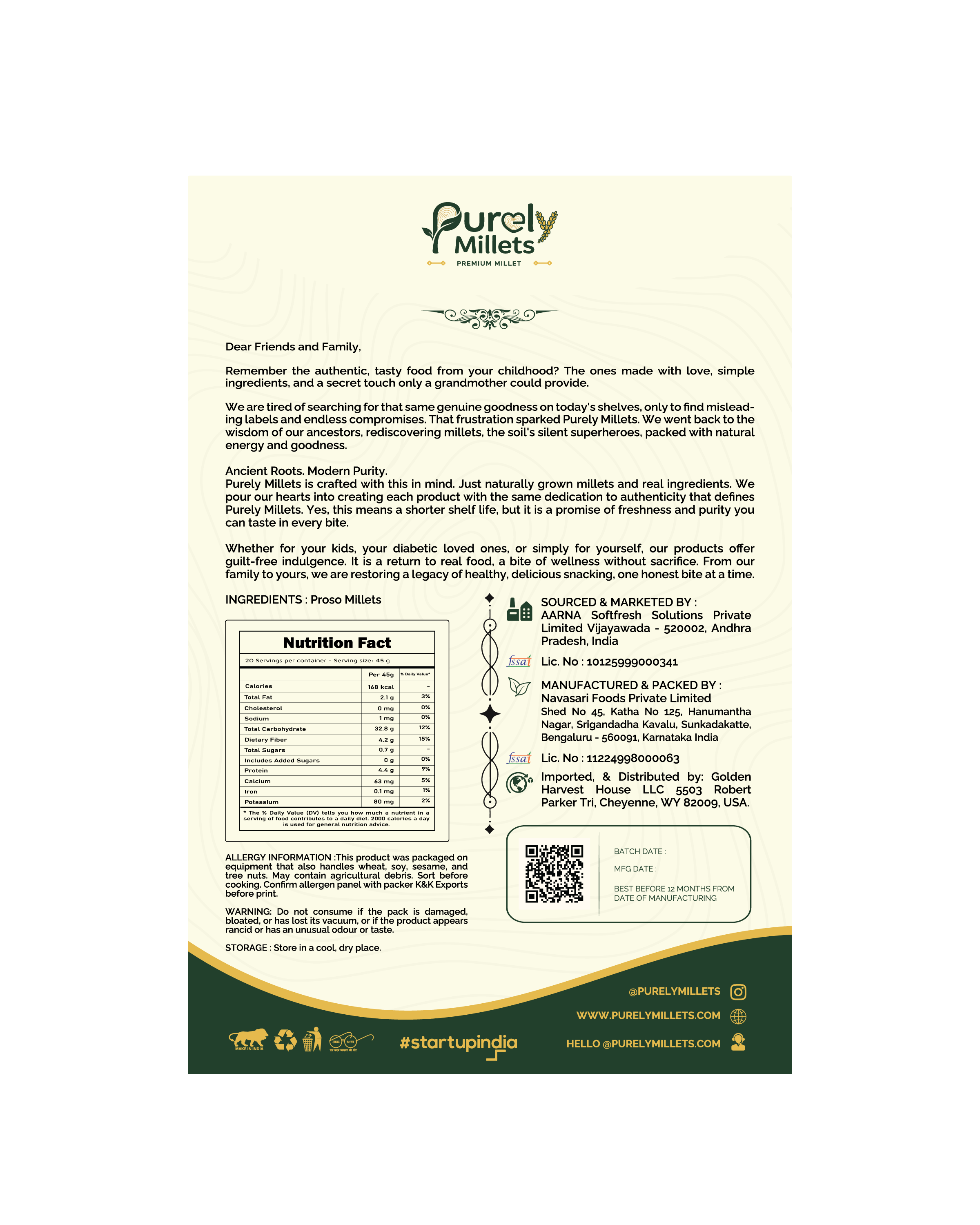Purely Millets Proso Millets, 2 lb carton, back view.