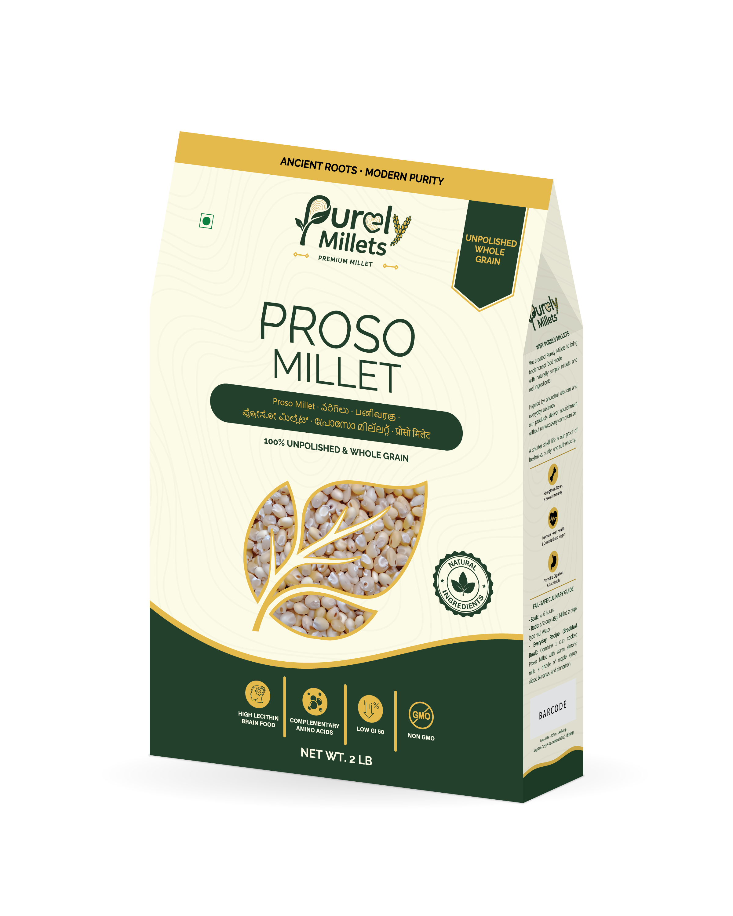 Purely Millets Proso Millets, 2 lb carton, angled front view.