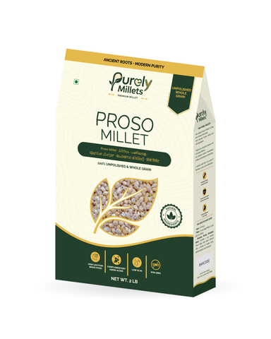 Purely Millets Proso Millets, 2 lb carton, angled front view.