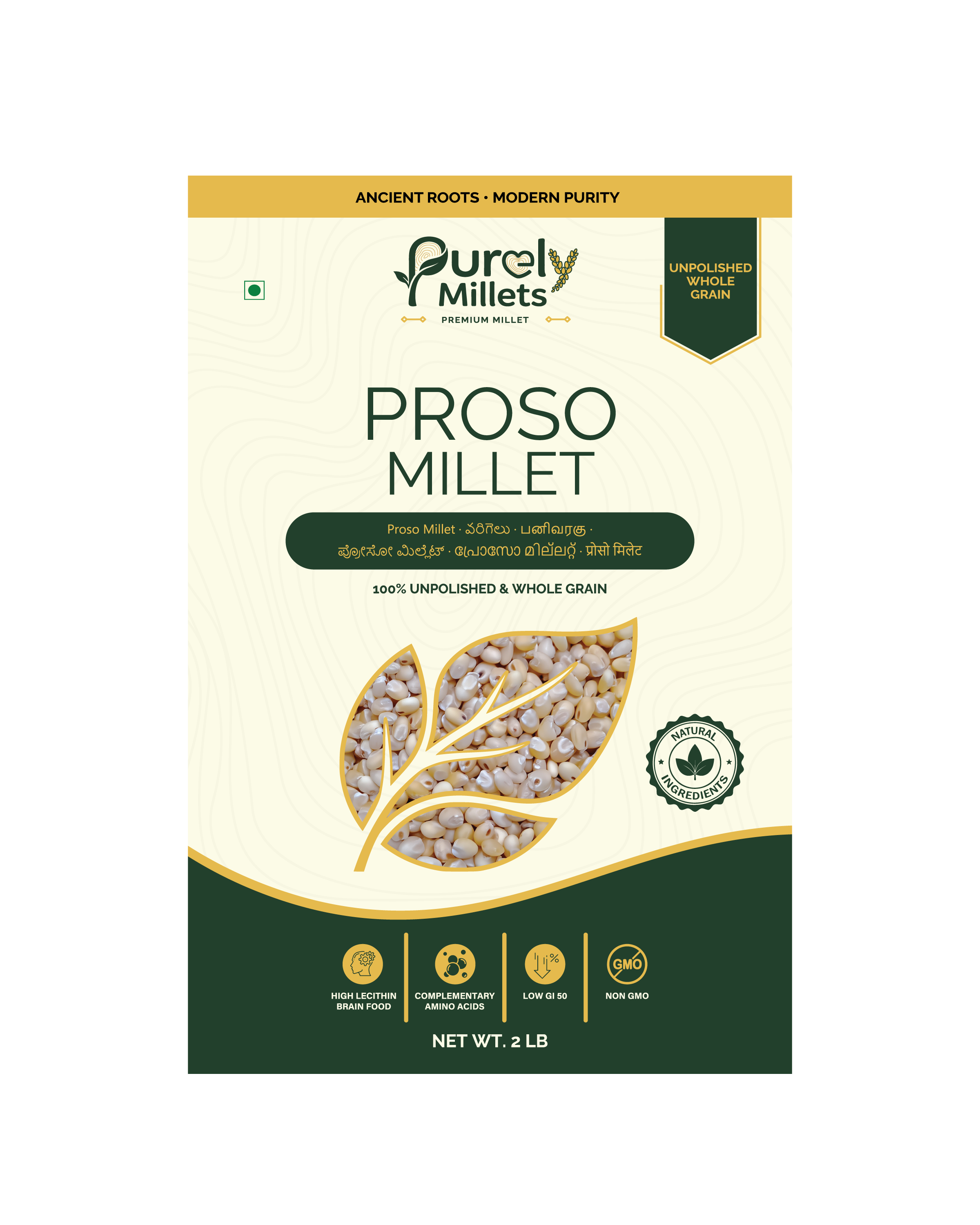 Purely Millets Proso Millets, 2 lb carton, front view.