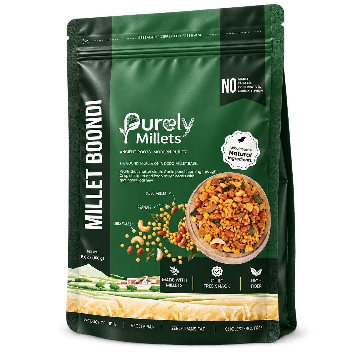 Purely Millets Millet Boondi, 160 g snack, angled front view.