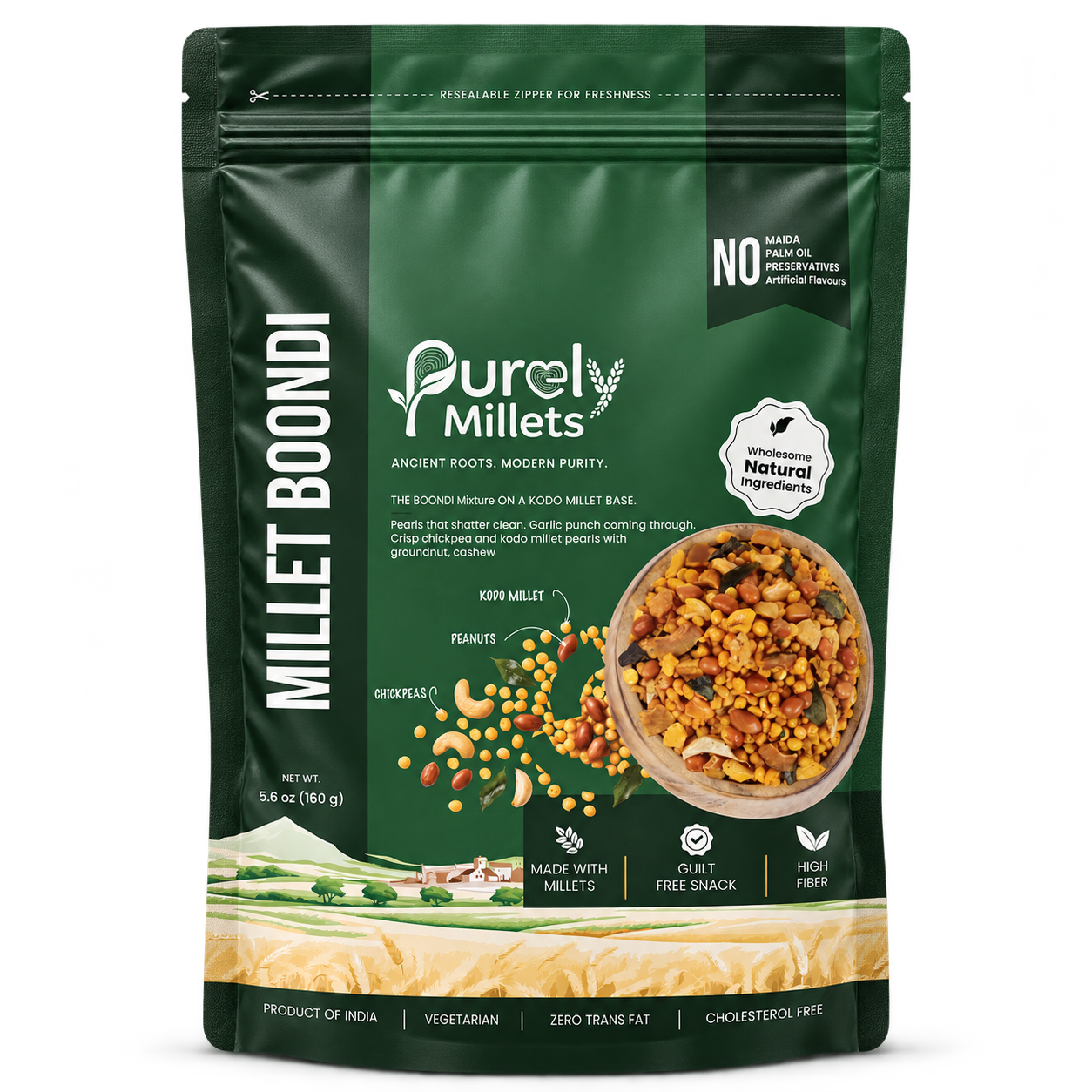 Purely Millets Millet Boondi, 160 g snack, straight front view.