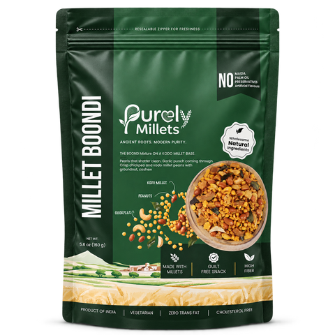 Purely Millets Millet Boondi, 160 g snack, straight front view.