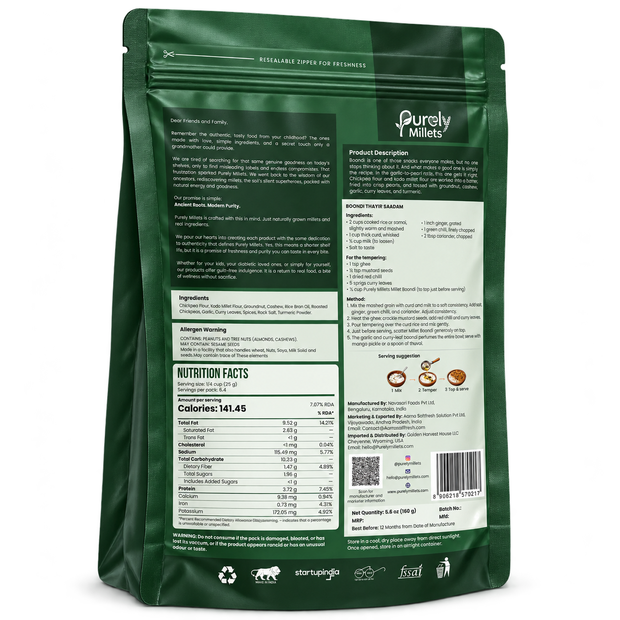 Purely Millets Millet Boondi, 160 g snack, angled back view.