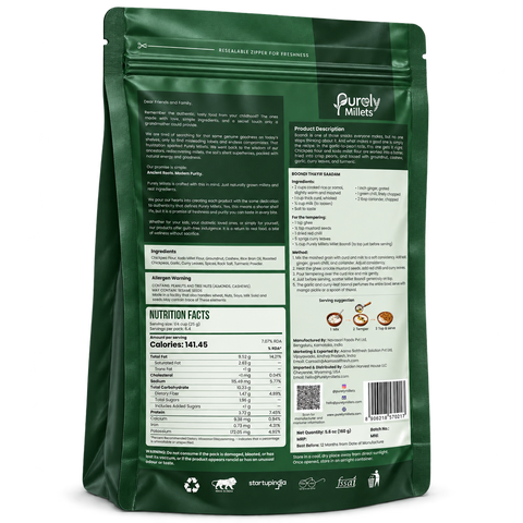 Purely Millets Millet Boondi, 160 g snack, angled back view.