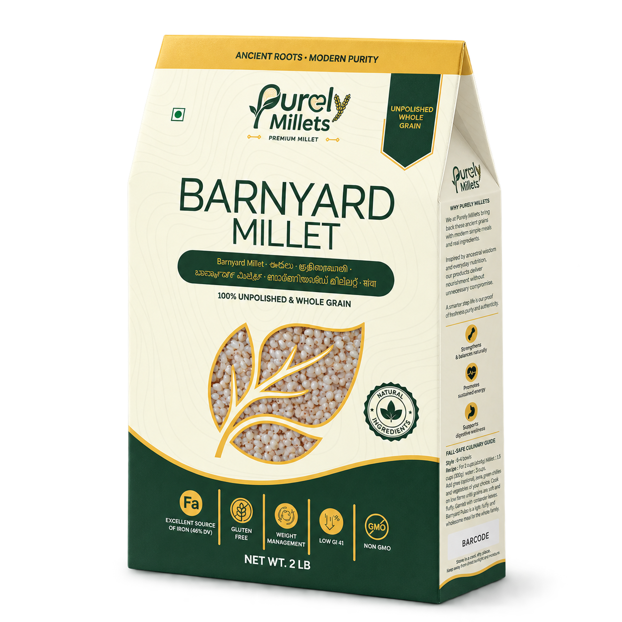 Purely Millets Barnyard Millets, 2 lb box, angled front view.