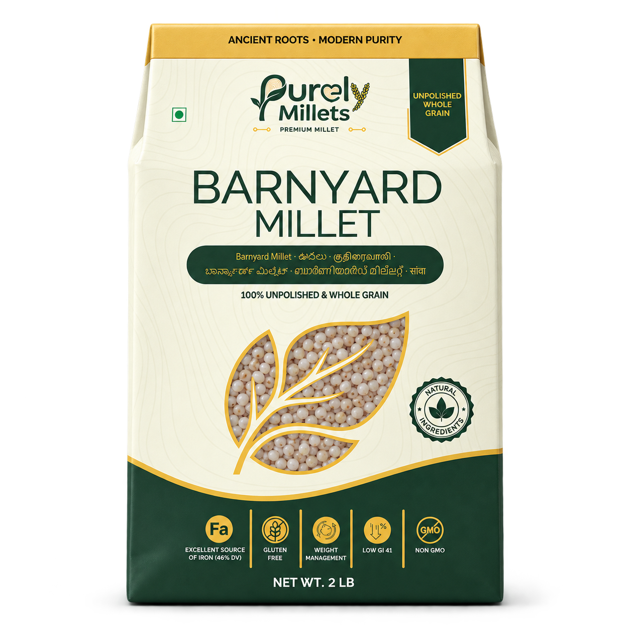 Purely Millets Barnyard Millets, 2 lb box, straight front view.