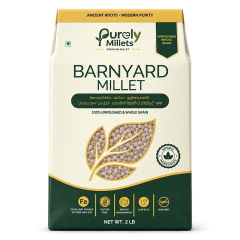 Purely Millets Barnyard Millets, 2 lb box, straight front view.