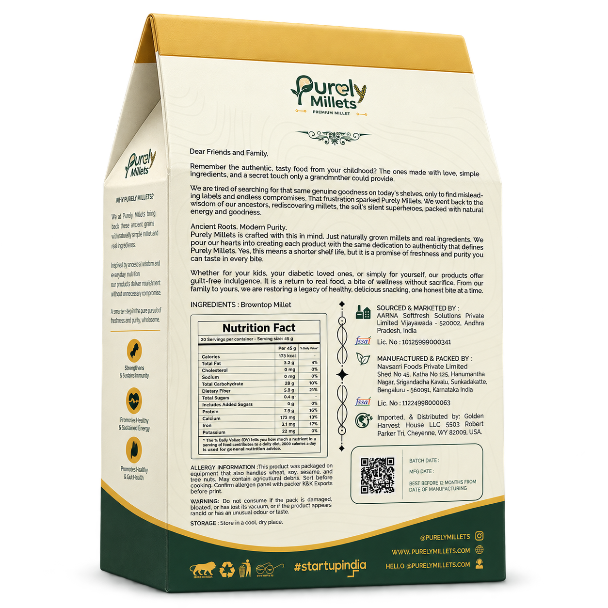 Purely Millets Barnyard Millets, 2 lb box, angled back view.