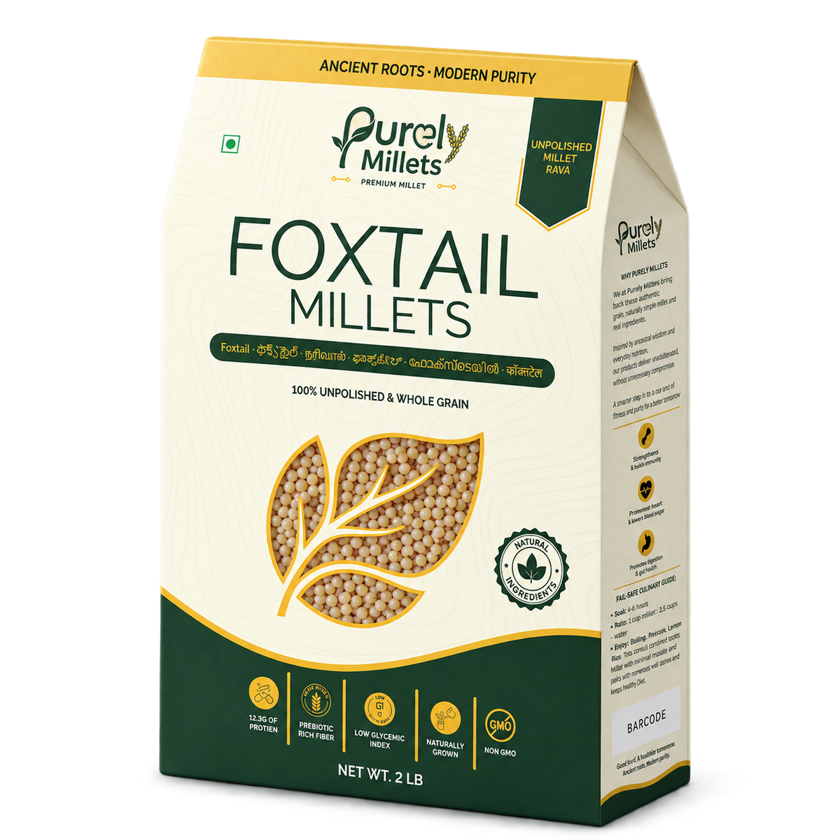 Purely Millets Foxtail Millets, 2 lb box, angled front view.