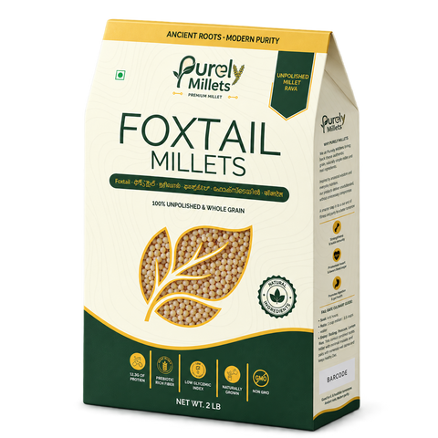 Purely Millets Foxtail Millets, 2 lb box, angled front view.