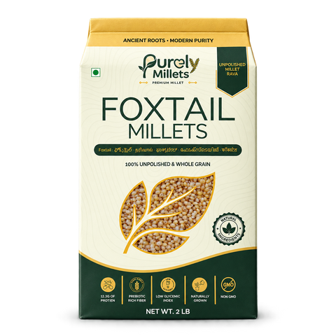 Purely Millets Foxtail Millets, 2 lb box, straight front view.