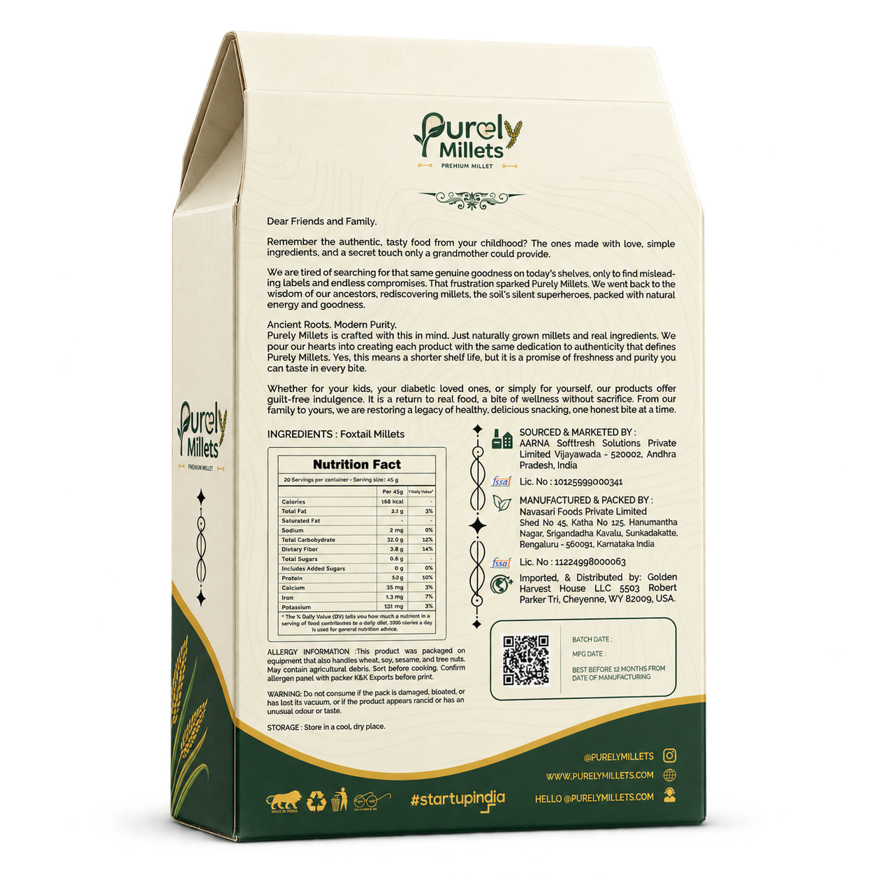 Purely Millets Foxtail Millets, 2 lb box, angled back view.