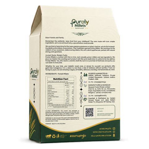 Purely Millets Foxtail Millets, 2 lb box, angled back view.