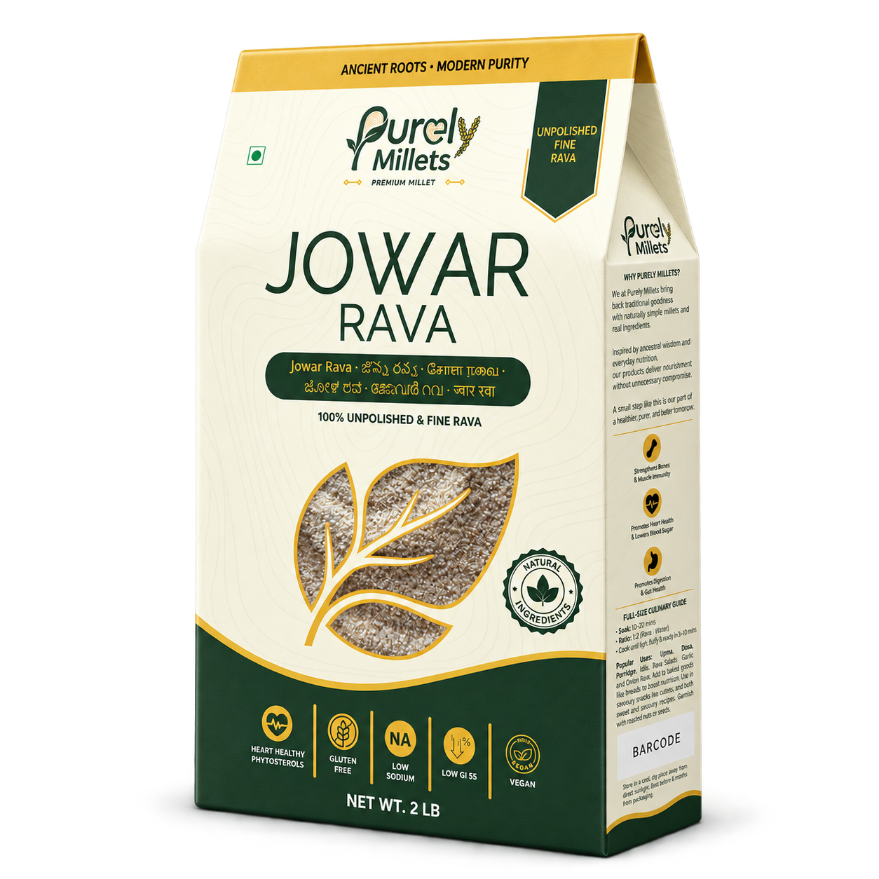 Purely Millets Jowar Rava, 2 lb box, angled front view.
