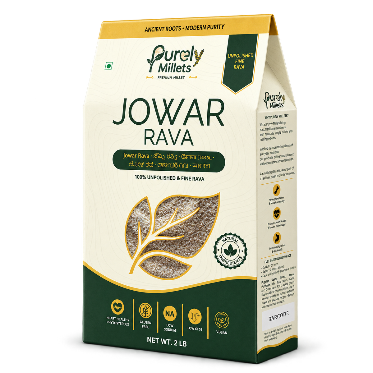 Purely Millets Jowar Rava, 2 lb box, angled front view.