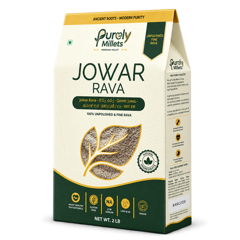 Purely Millets Jowar Rava, 2 lb box, angled front view.