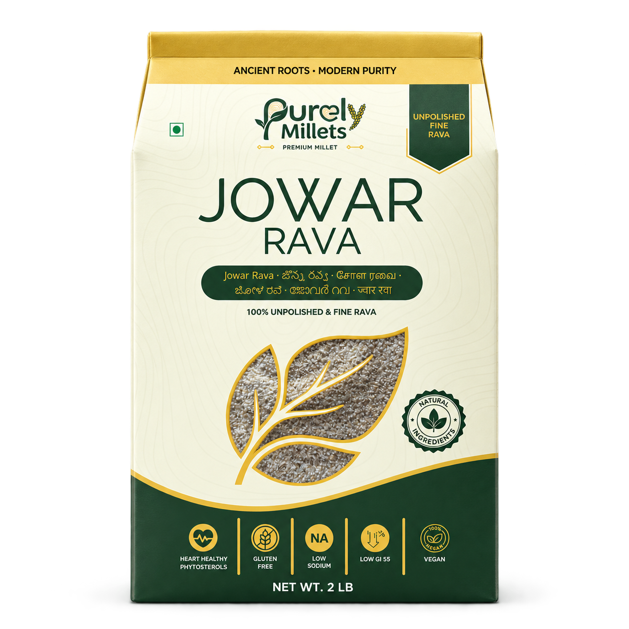 Purely Millets Jowar Rava, 2 lb box, straight front view.