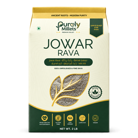 Purely Millets Jowar Rava, 2 lb box, straight front view.