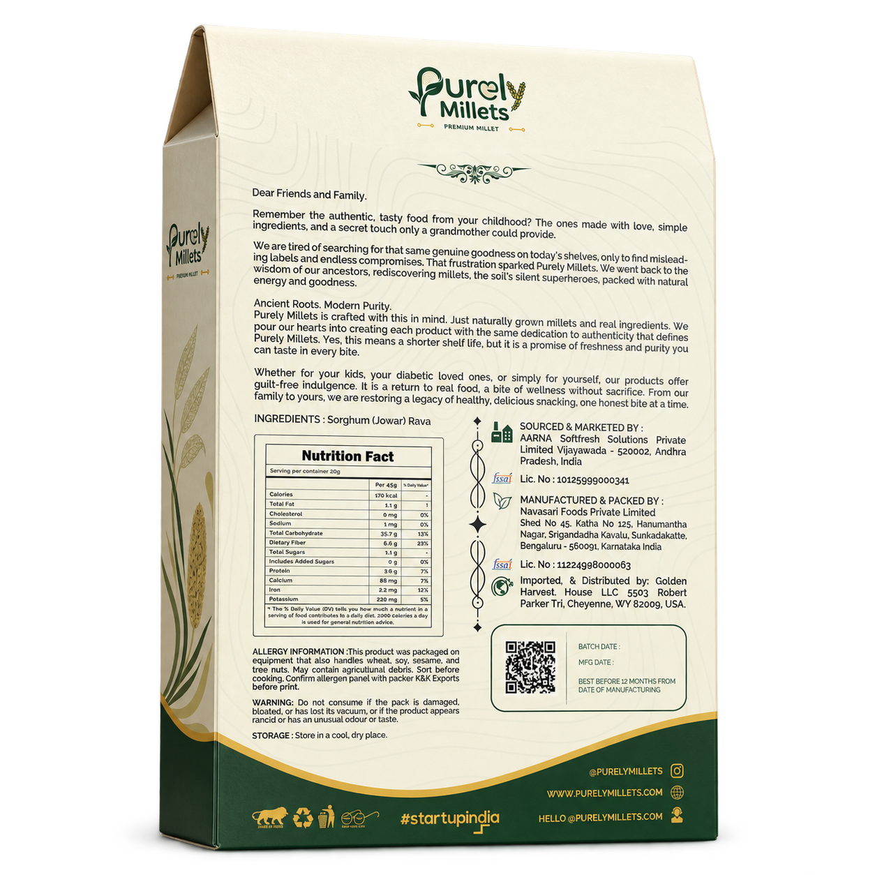 Purely Millets Jowar Rava, 2 lb box, angled back view.