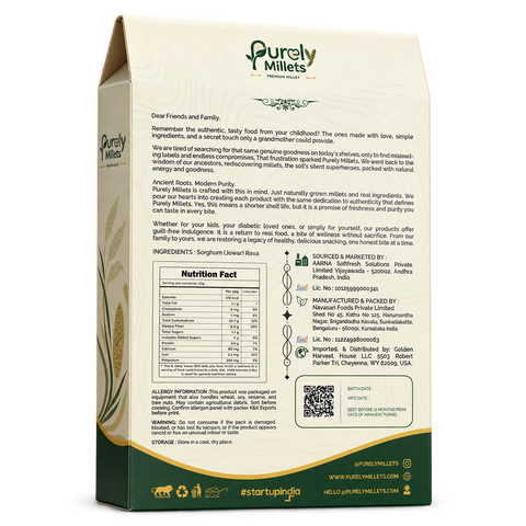 Purely Millets Jowar Rava, 2 lb box, angled back view.