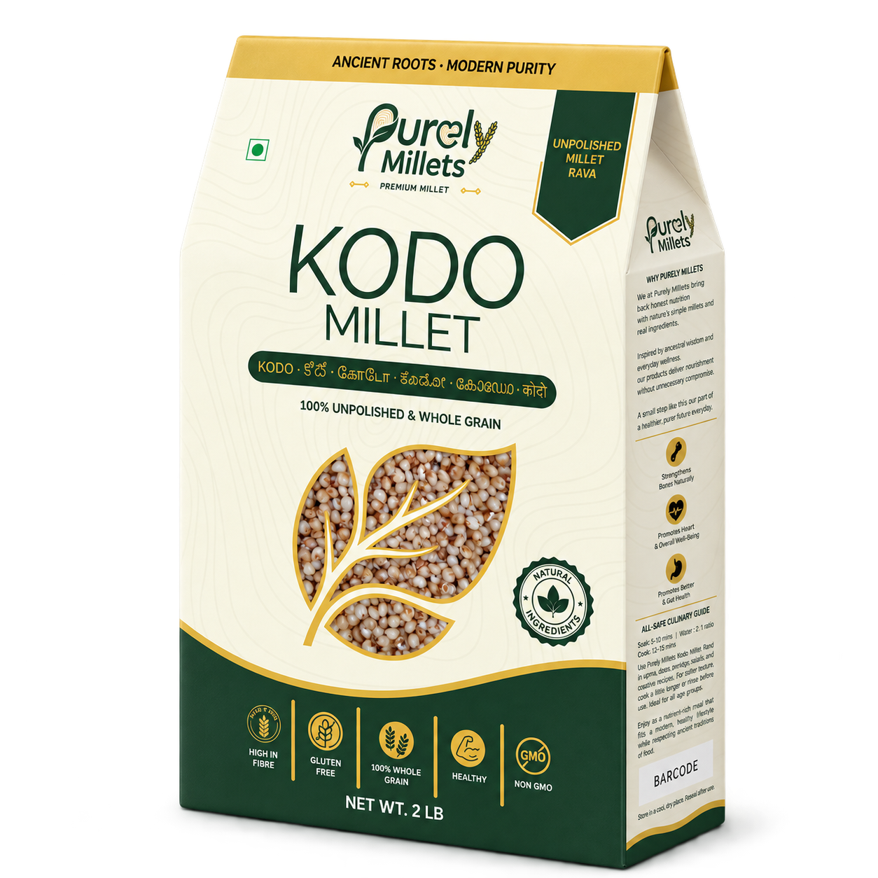 Purely Millets Kodo Millets, 2 lb box, angled front view.