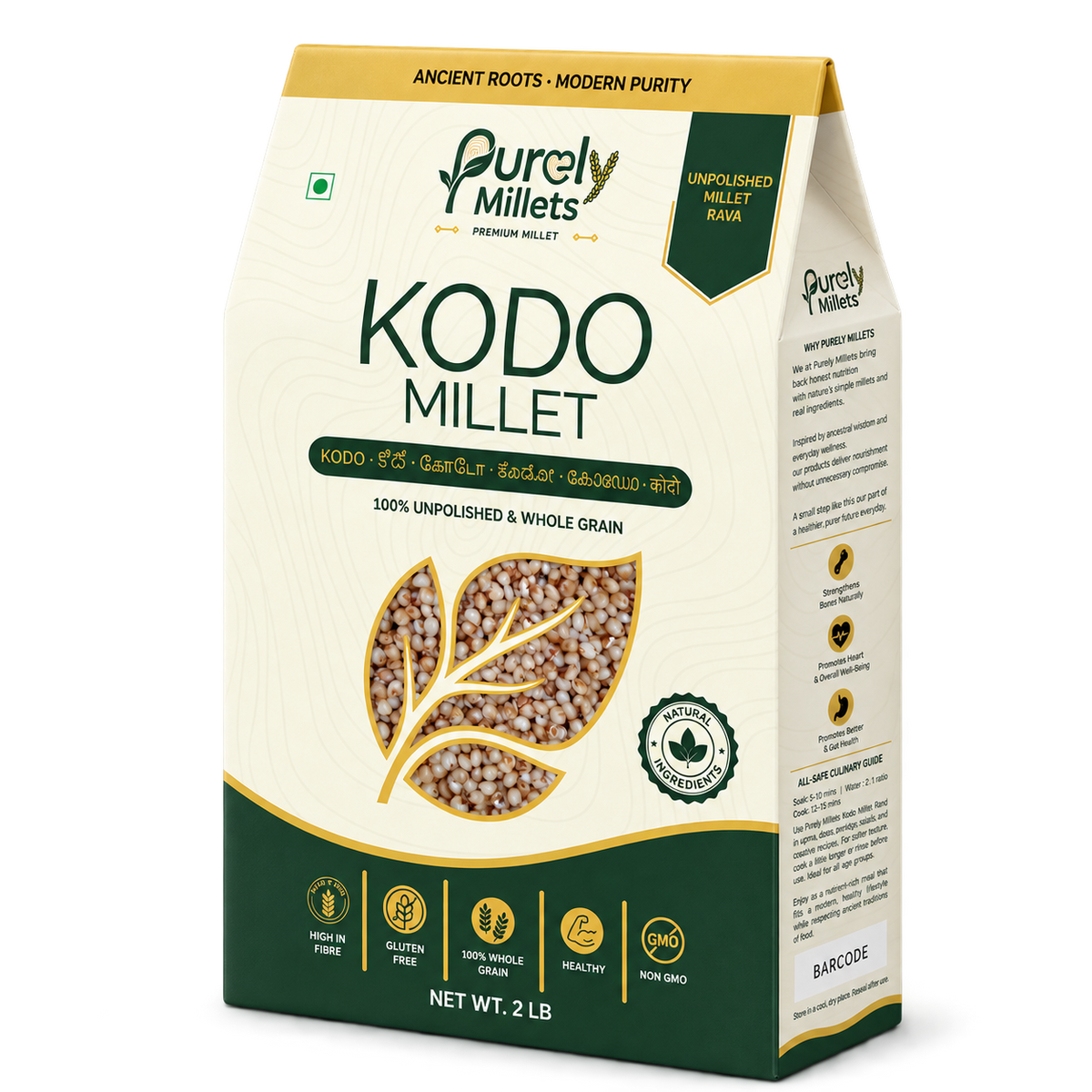 Purely Millets Kodo Millets, 2 lb box, angled front view.