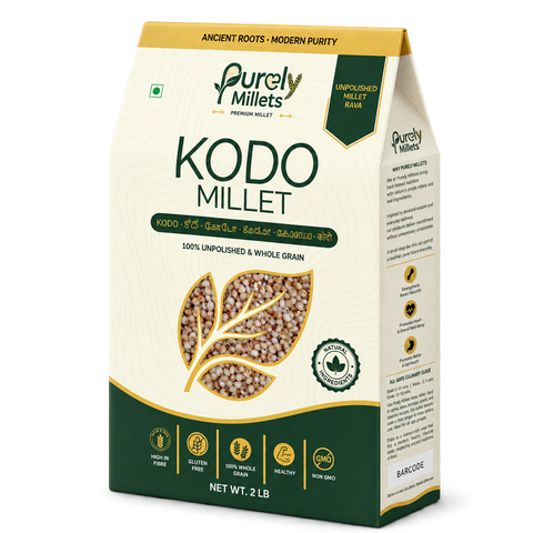Purely Millets Kodo Millets, 2 lb box, angled front view.