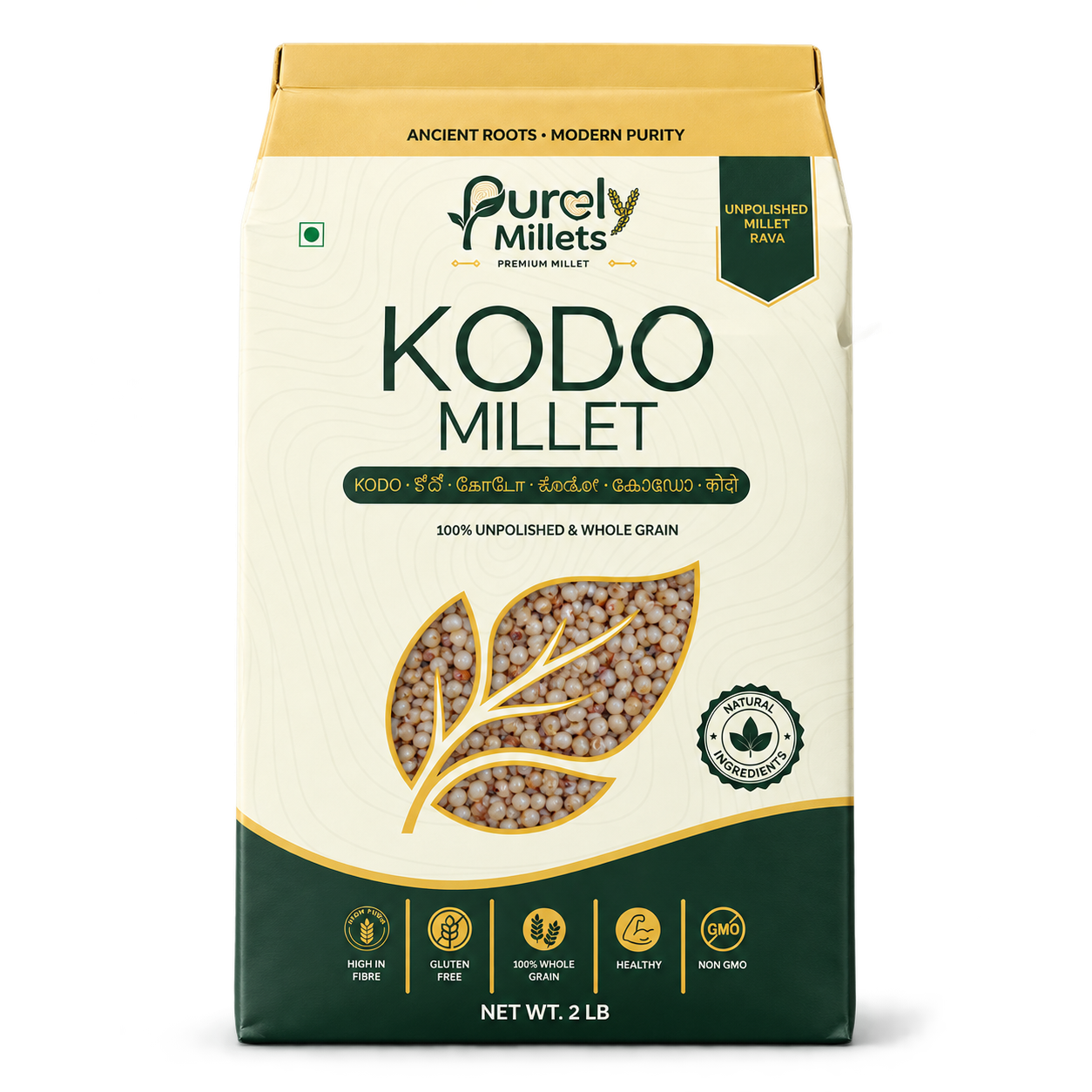 Purely Millets Kodo Millets, 2 lb box, straight front view.