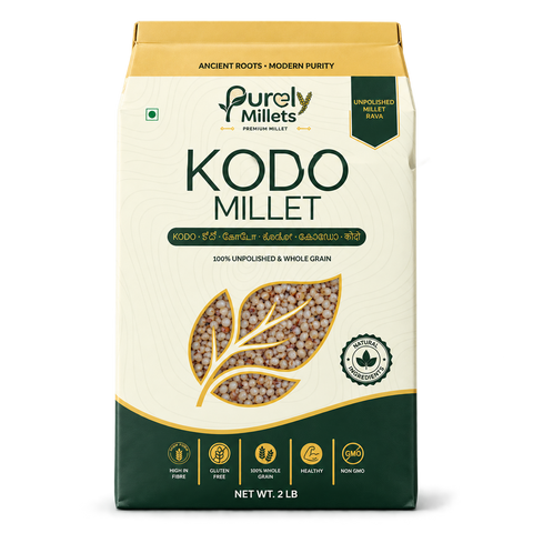 Purely Millets Kodo Millets, 2 lb box, straight front view.